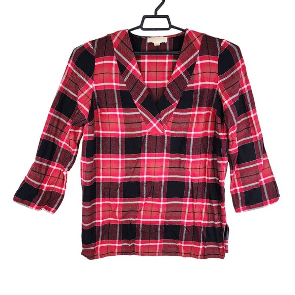 Michael Kors Tops - Womens Michael Kors Red & Black Plaid Blouse V-Neck Long Sleeve Size L